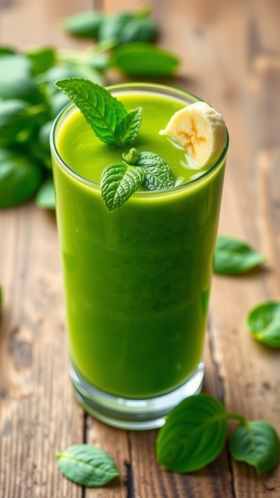 A refreshing ghoulish green smoothie in a glass, garnished with banana and mint, on a wooden table.
